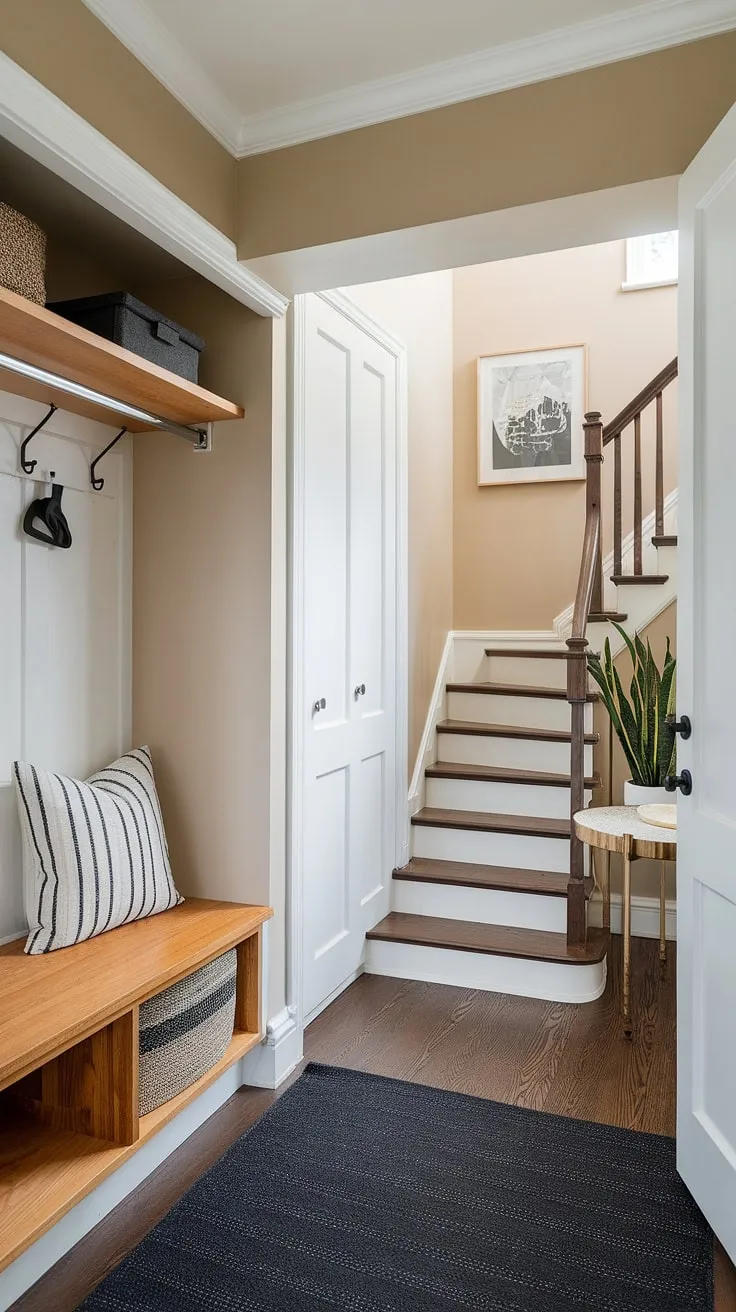 Step into tranquility with this thoughtfully designed new build entryway.  The small entrance with stairs cleverly incorporates an entryway office, complete with an entryway storage bench and small entryway closet.  This bungalow entrance hall showcases ingenious entrance ideas, proving that even small spaces can be both beautiful and practical.  A perfect blend of form and function for this foyer entryway.