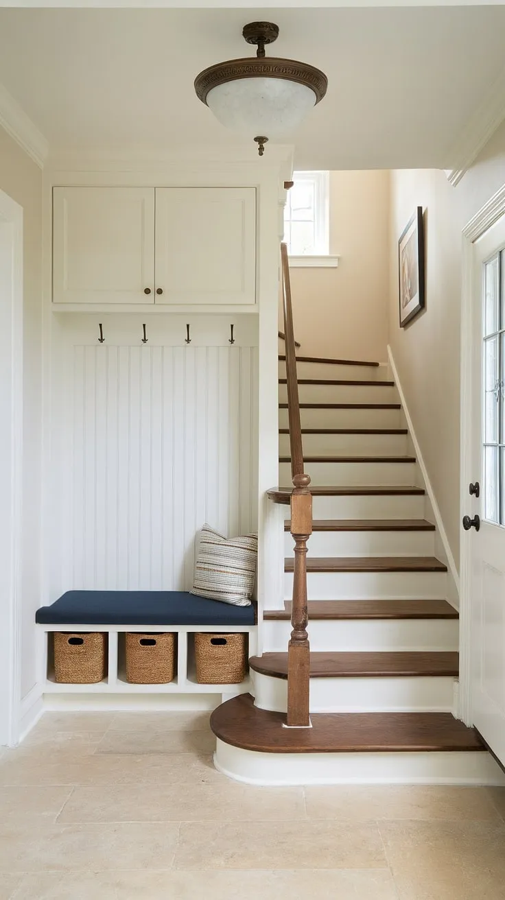 Step into serenity: This new build entryway, a perfect blend of function and style, showcases clever storage solutions in a small space. The entryway storage bench and small entryway closet maximize space, while the light and airy foyer entryway welcomes you home.  This bungalow entrance hall proves that even small entrance with stairs can be both beautiful and practical, offering inspiring entrance ideas for your own house entrances.