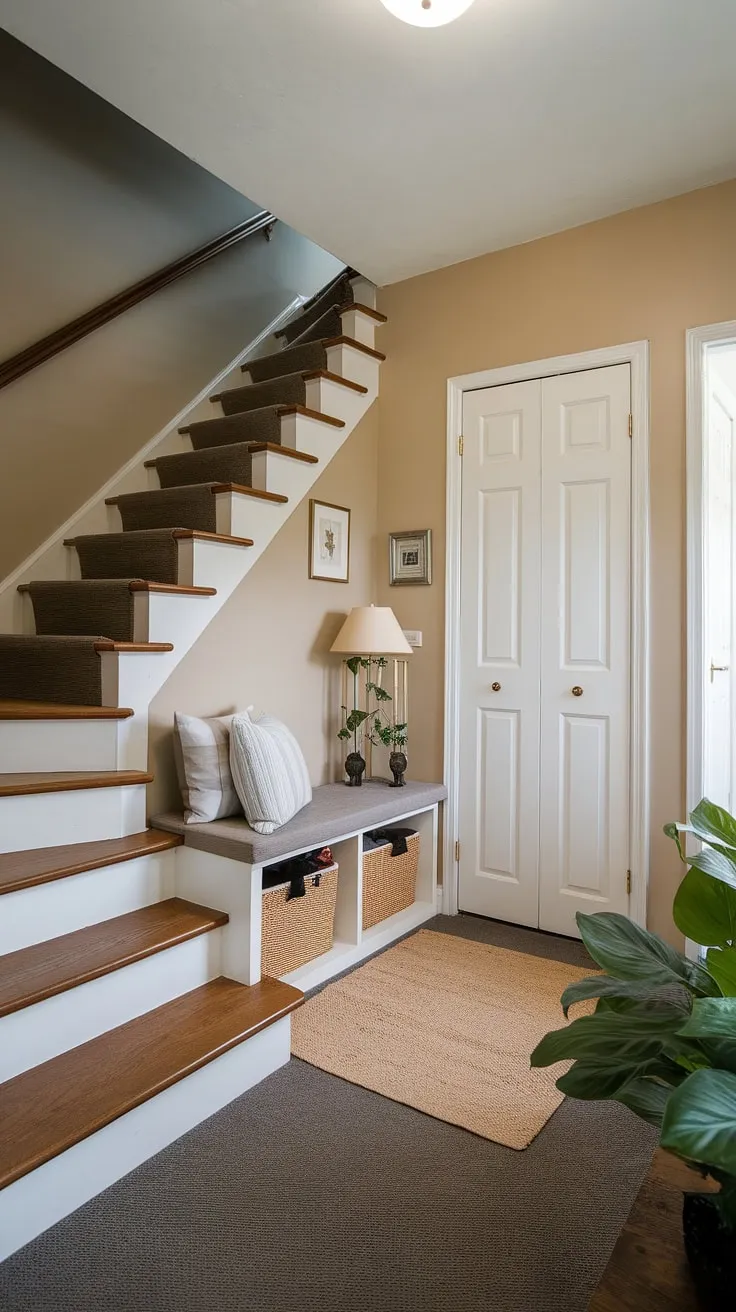 This foyer entryway in a new build bungalow proves that even small entrance with stairs can be stylish and practical.  The built-in entryway storage bench and small entryway closet cleverly utilize the space under the stairs, creating a mini entryway office.  A perfect example of smart entrance ideas for maximizing your house entrances.