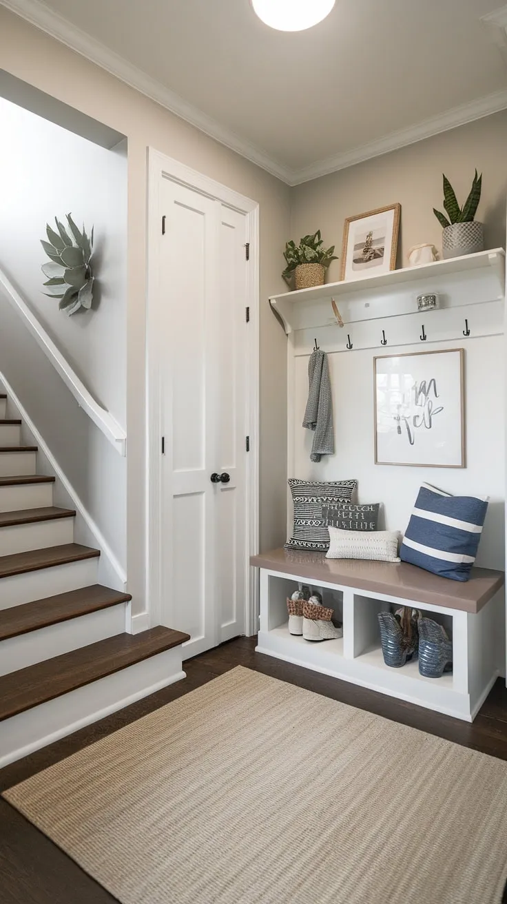 Maximize space and style in your new build entryway with this inspiring design.  This small entrance with stairs features a practical entryway storage bench and a discreet small entryway closet, proving that even limited house entrances can be both beautiful and functional.  The light and airy feel of this foyer entryway makes a lasting first impression.