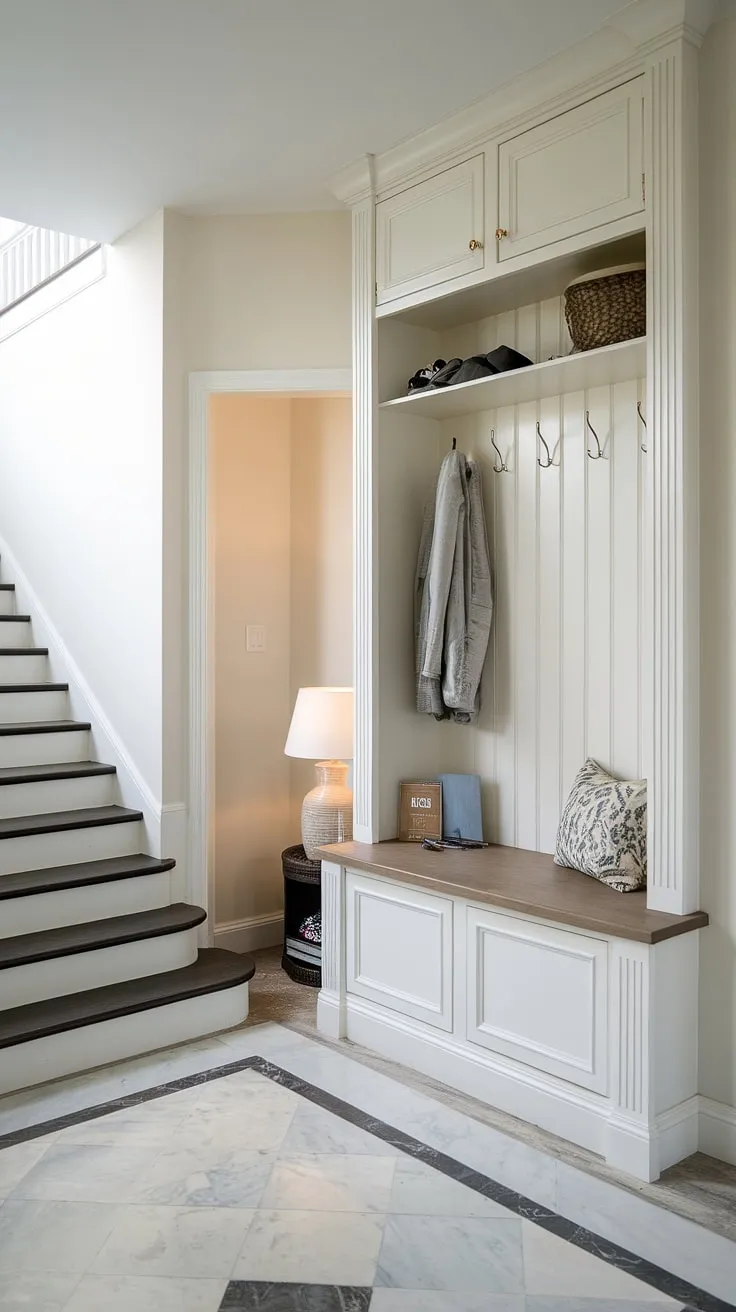 Step into serenity. This new build entryway, a perfect blend of style and functionality, showcases clever design in a small space. The entryway storage bench and small entryway closet maximize storage, while the light and airy foyer entryway welcomes you home.  A thoughtful bungalow entrance hall, this small entrance with stairs effortlessly connects the levels.  Ideal entrance ideas for maximizing space in your house entrances.