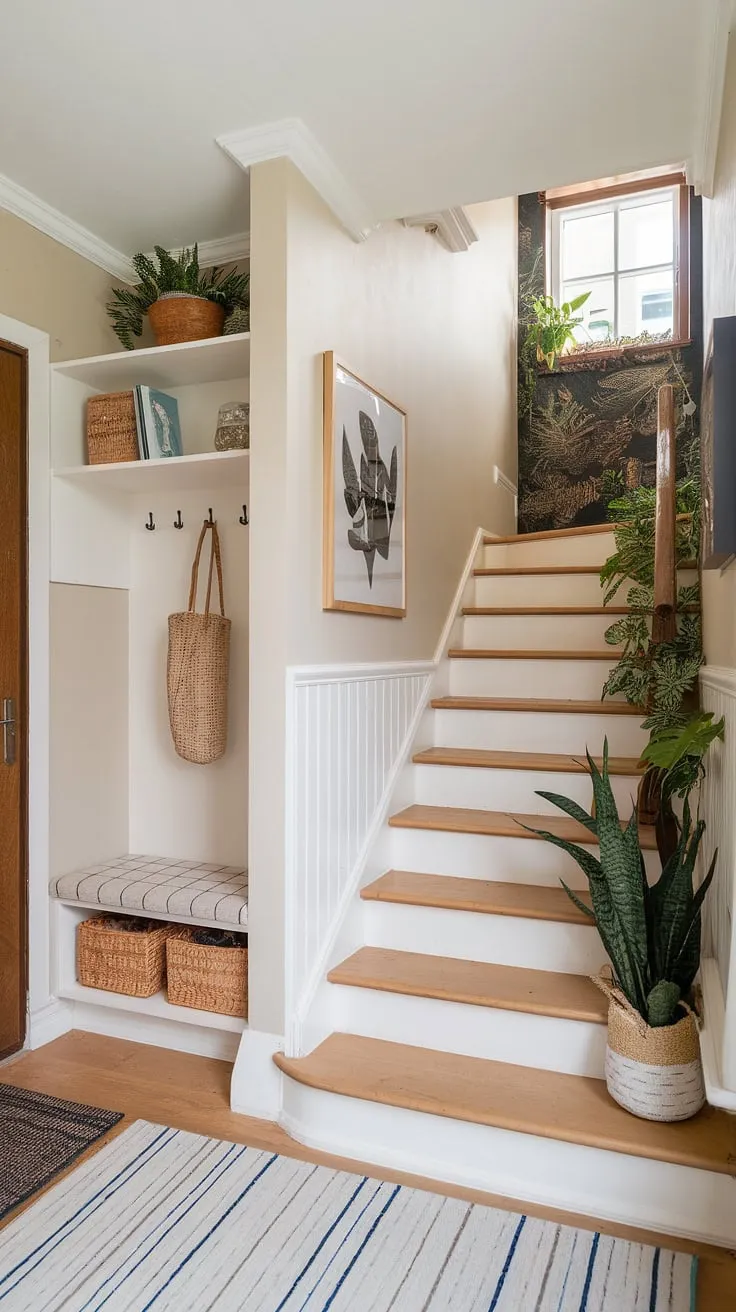 A light and airy new build entryway, showcasing smart entrance ideas in a compact space. This bungalow entrance hall boasts an entryway office, cleverly incorporated with an entryway storage bench and small entryway closet. The small entrance with stairs adds a touch of architectural interest, while the plants bring a breath of fresh air to this delightful house entrances design.