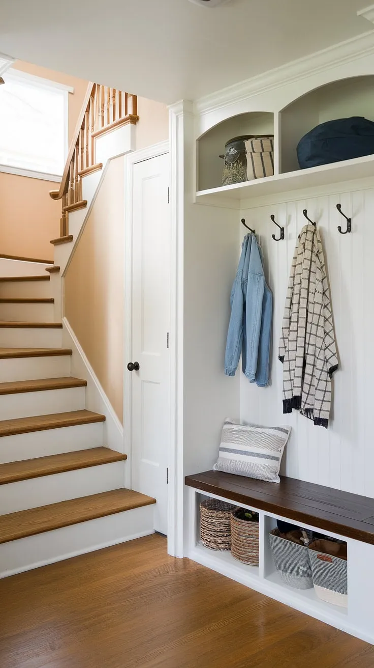Step into this charming bungalow entrance hall, where a new build entryway seamlessly blends practicality and style.  The small entrance with stairs leads to more, while the entryway storage bench and small entryway closet maximize space in this cleverly designed foyer entryway.  This entryway office solution proves that even small spaces can be both functional and inviting.