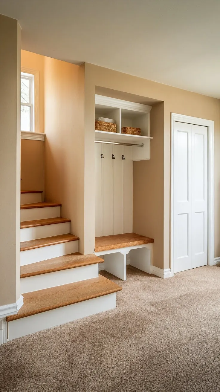 This charming new build entryway offers a perfect blend of style and functionality.  The small entrance with stairs is enhanced by a built-in entryway storage bench and a discreet small entryway closet, maximizing space in this bungalow entrance hall.  Consider this a prime example of clever entrance ideas and a beautifully designed foyer entryway, proving that even house entrances can be both inviting and efficient.