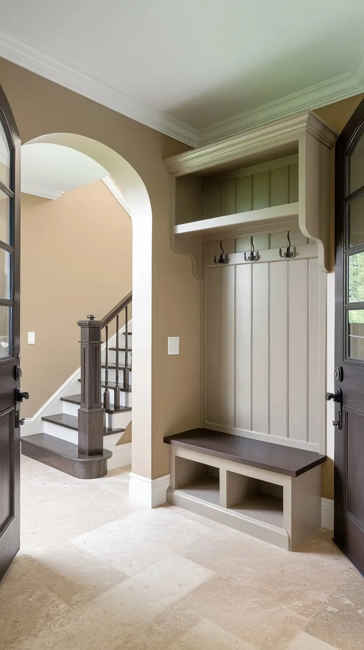 Step into effortless style with this new build entryway.  The small entrance with stairs is cleverly designed with a small entryway closet and an entryway storage bench, providing ample storage solutions. This foyer entryway, perfect for house entrances in bungalows, showcases smart entrance ideas that maximize space and create a welcoming atmosphere, even functioning as a mini entryway office.
