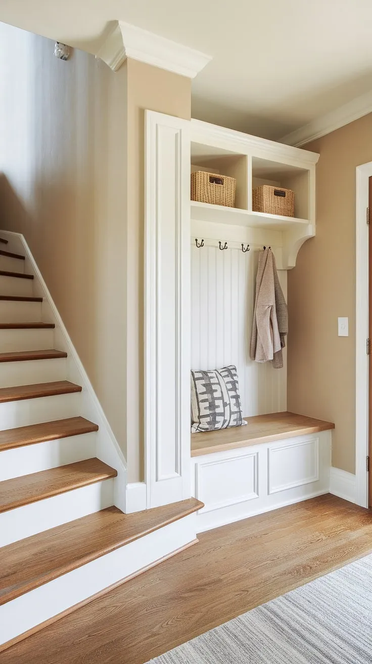 Step into effortless style with this new build entryway.  The small space maximizes functionality with a built-in storage bench and closet, cleverly designed to welcome you home. This bungalow entrance hall showcases smart entrance ideas, proving that even a small entrance with stairs can be both practical and aesthetically pleasing.  The foyer entryway seamlessly blends into the rest of the home, creating a welcoming atmosphere.  Consider this a perfect example of an entryway office solution for compact living.