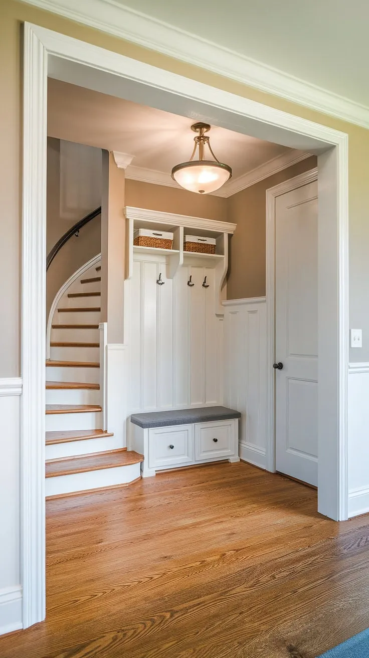 This stunning new build entryway offers a wealth of entrance ideas for your home.  The small space is expertly utilized with a built-in entryway storage bench and a discreet small entryway closet, all within a charming foyer entryway.  The elegant wainscoting and hardwood floors elevate this bungalow entrance hall, creating a welcoming house entrances that's both stylish and practical.