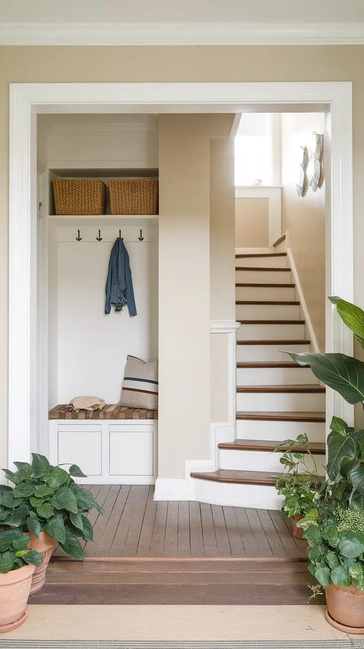 Step into serenity: This new build entryway, a perfect blend of function and style, seamlessly integrates a small entryway closet and entryway storage bench, maximizing space in this bungalow entrance hall.  The thoughtful design offers clever entrance ideas for even the smallest of spaces, transforming a small entrance with stairs into a welcoming foyer entryway that effortlessly transitions into a potential entryway office.