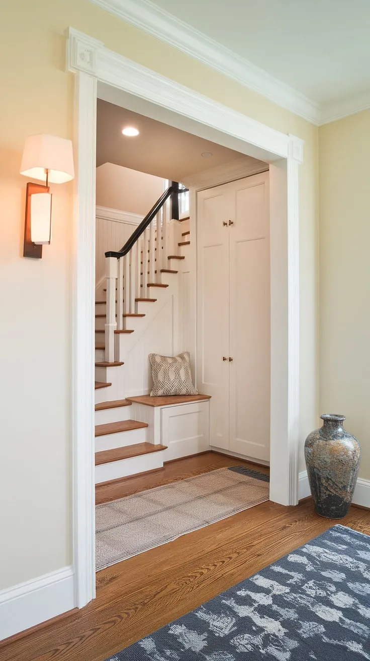 A whimsical journey begins with this floral staircase.  The entryway wallpaper, a bold choice of colorful wallpaper, uses large red blooms and lush green leaves to completely revamp the stair risers.  This home decor wallpaper, ideal as staircase wallpaper or wallpaper for stairs, elevates the entryway to a work of art.  It's the perfect example of how hallway wallpaper can redefine a space.