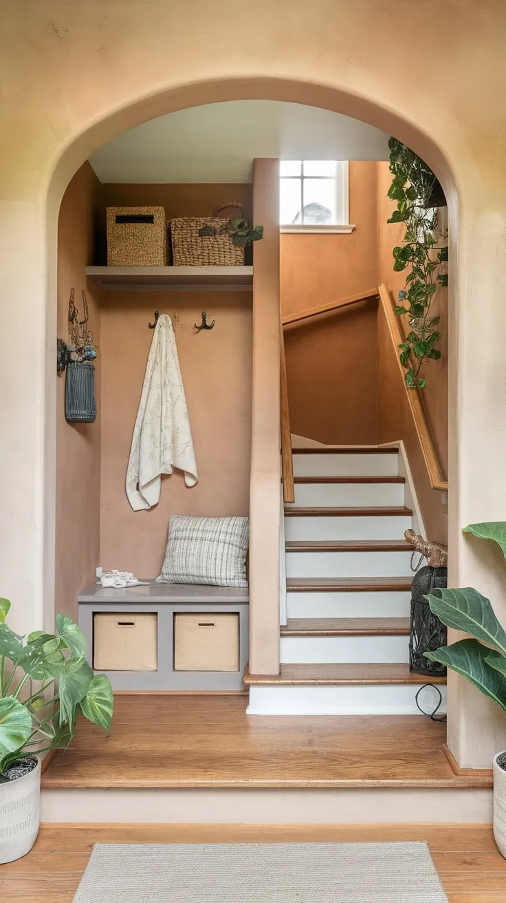 Warmth and welcome define this foyer entryway in a new build bungalow.  The small entrance with stairs is surprisingly spacious thanks to smart design, including an entryway storage bench and a small entryway closet.  This bungalow entrance hall offers a perfect blend of functionality and charm, making it a standout example of house entrances and entrance ideas.  The added touch of greenery completes this inviting entryway office space.