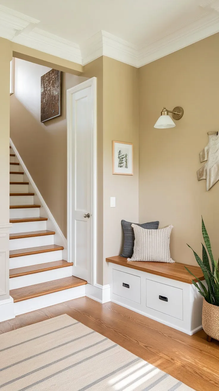 Step into serenity: This new build entryway, a perfect blend of function and style, seamlessly integrates a small entryway closet and entryway storage bench, maximizing space in this bungalow entrance hall.  The light and airy foyer entryway, with its small entrance with stairs, offers a welcoming transition to the rest of the home, even functioning as a compact entryway office.
