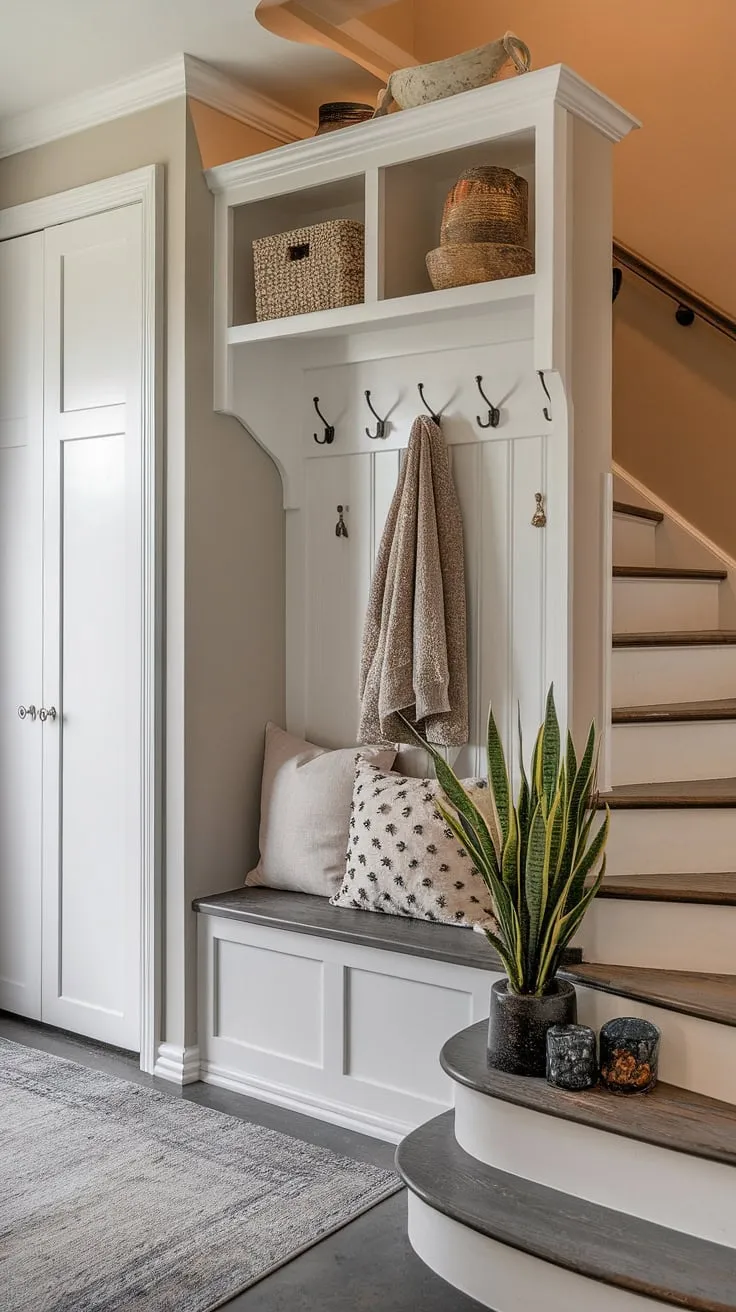 This charming new build entryway proves that even small spaces can be grand.  The thoughtfully designed entryway storage bench and small entryway closet provide ample storage, making this house entrances a dream.  A simple rug and a few coat hooks complete the look, creating a welcoming foyer entryway that's both stylish and practical.  Perfect inspiration for small entrance with stairs, this design seamlessly blends form and function.