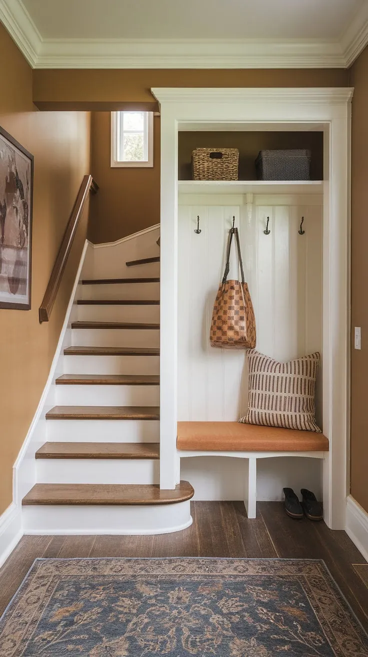 This new build entryway cleverly maximizes space, transforming a small entrance with stairs into a functional entryway office.  The bungalow entrance hall feels instantly welcoming thanks to the warm hues, patterned rug, entryway storage bench, and discreet small entryway closet.  Plenty of entrance ideas are showcased in this efficient foyer entryway design.