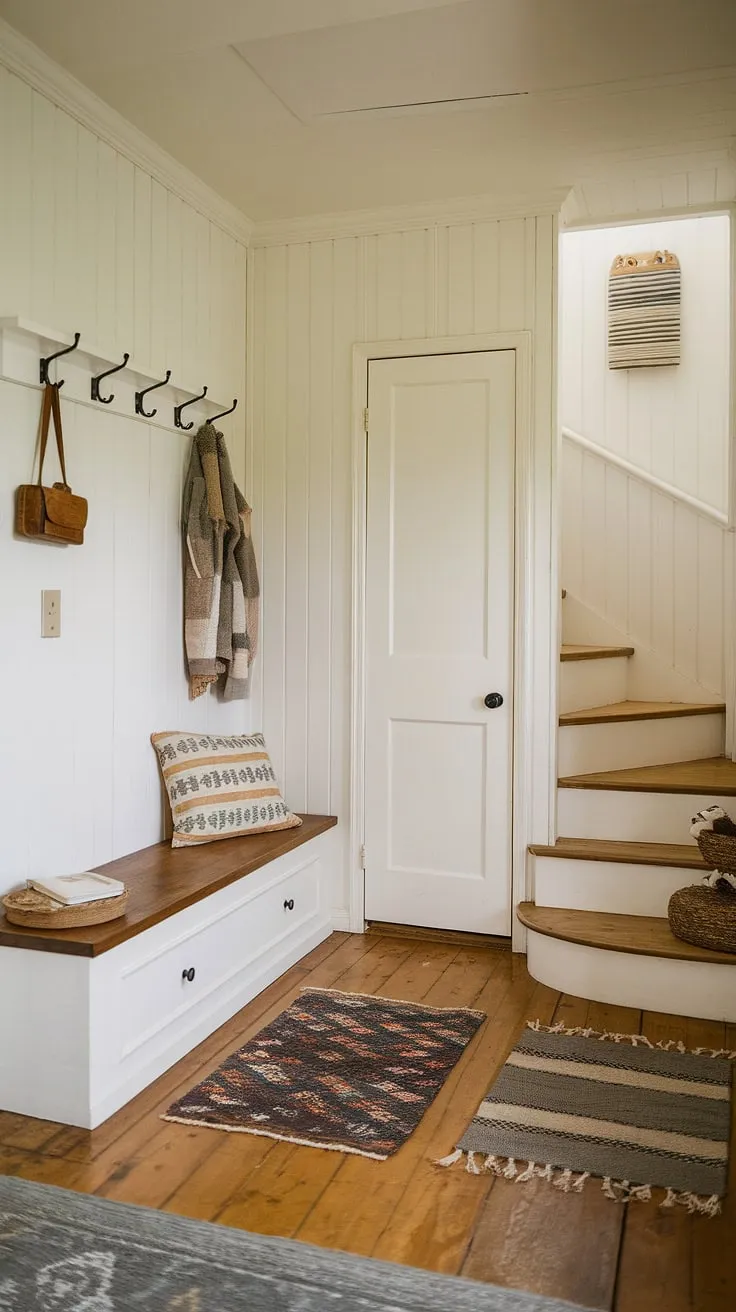 This charming bungalow entrance hall, a perfect example of new build entryway design, maximizes space with clever storage solutions.  The entryway storage bench and small entryway closet offer practical functionality, while the small entrance with stairs adds a touch of architectural interest.  This foyer entryway and house entrances design proves that even small spaces can be stylish and efficient, making it a great example for entryway office ideas.
