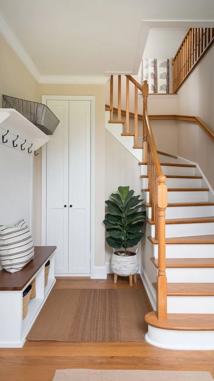 This colorful wallpaper brings a burst of life to this hallway, showcasing a breathtaking floral staircase design.  The wallpaper for stairs, applied to both walls and stair risers, makes a dramatic impact.  Consider this home decor wallpaper and staircase wallpaper a perfect choice for updating your entryway with a unique wallpaper for entry stairs.
