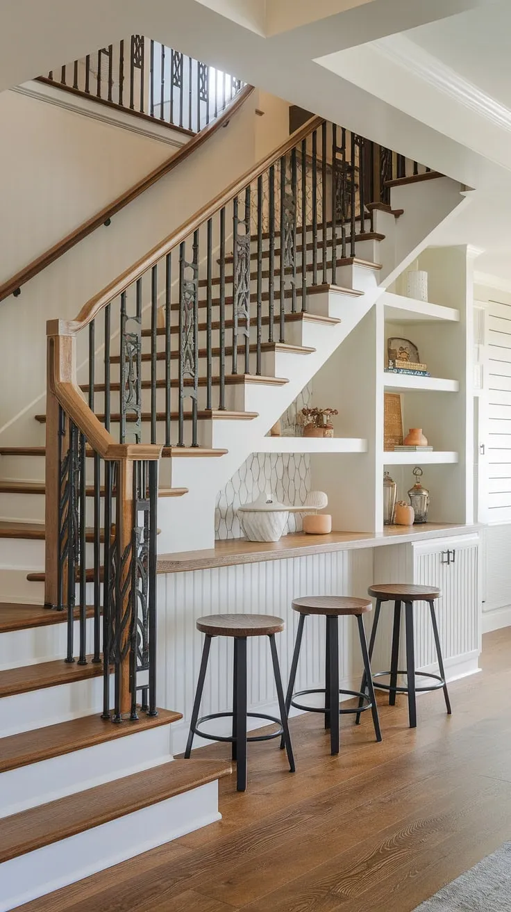 Stunning home stairwell ideas showcased in this entryway stair. Below stairs interior design at its finest, featuring under stairs storage, downstairs storage ideas, stair shelf ideas, and even a staircase bar under stairs!