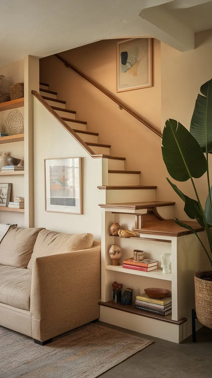 This entryway stair isn't just a passage; it's a statement. Downstairs design ideas meet functionality with the built-in bar and under stairs storage, making the most of this small living room under stairs. Explore the possibilities of stairs design with storage and stair shelf ideas for your own home.