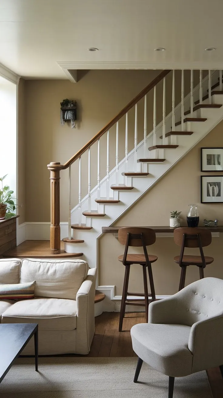 Smart downstairs design ideas are on full display in this cozy space. The home stairwell ideas are enhanced by the stairs design with storage, cleverly utilizing the area below for a built-in bar. This staircase bar under stairs is a fantastic example of under stairs storage and below stairs interior design, maximizing functionality in a small living room under stairs. The entryway stair with its wooden banister adds warmth, while the subtle stair shelf ideas contribute to the overall streamlined look.