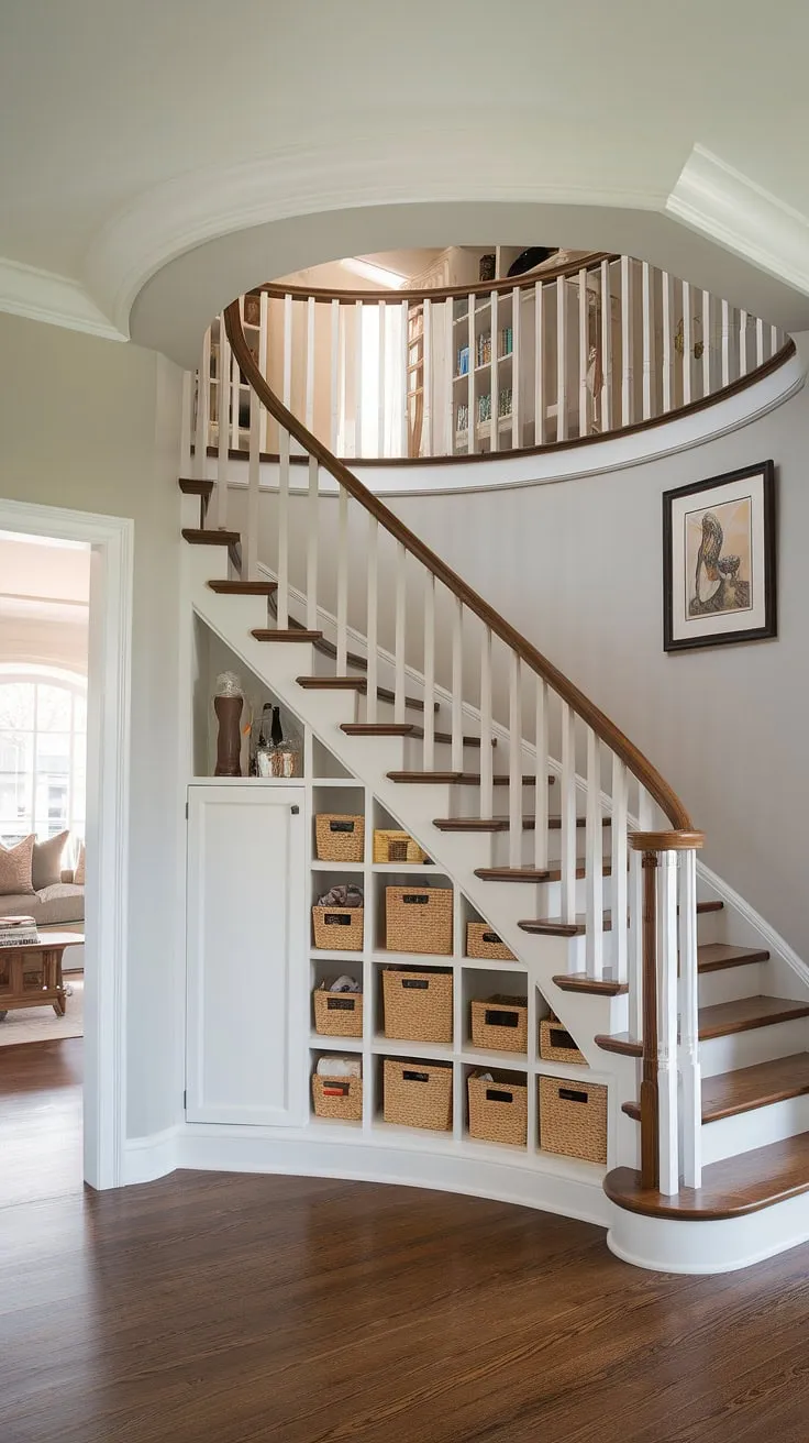 A light grey palette sets the stage for this impressive home stairwell ideas design. The entryway stair features a curved staircase with built-in storage, offering ample under stairs storage. The stairs design with storage is cleverly divided into numerous compartments, providing practical downstairs storage ideas. Below the stairs, a cozy small living room with a sofa and coffee table creates an unexpected and inviting space. The staircase bar under stairs on the landing adds a touch of sophisticated flair, making this a prime example of below stairs interior design and stair shelf ideas.