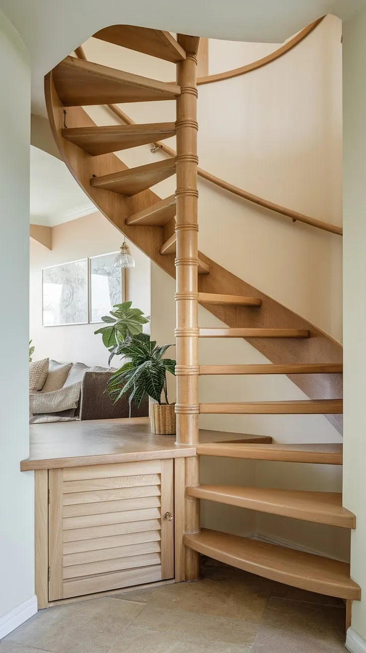 This stunning entryway stair, with its elegant wooden design, showcases clever stairs design with storage. The under stairs storage provides ample space, a perfect example of downstairs storage ideas and below stairs interior design. A small shelf at the base adds functionality, illustrating creative stair shelf ideas. The adjacent small living room under stairs, complete with sofa and plant, maximizes space. This home stairwell ideas demonstrates how to seamlessly integrate storage and living areas, offering inspiration for downstairs design ideas. A staircase bar under stairs could even be added for extra flair.