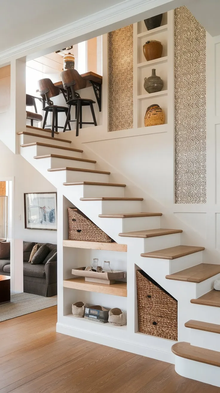 This entryway stair's unique design maximizes space with clever stairs design with storage, showcasing brilliant home stairwell ideas. Downstairs design ideas are elevated with under stairs storage and a small living room under stairs, while a staircase bar under stairs adds a touch of sophistication. Note the stair shelf ideas and below stairs interior design.