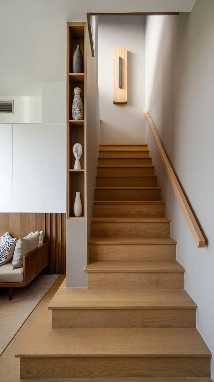 This entryway stair's design maximizes space with clever storage solutions, showcasing stylish home stairwell ideas and downstairs design ideas. The under stairs storage and stair shelf ideas create a functional and beautiful below stairs interior design, even accommodating a small living room under stairs.