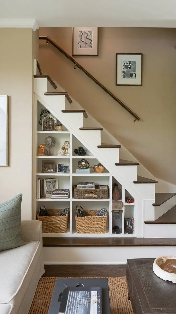 Clever downstairs design ideas are on full display in this home. The stairs design with storage, acting as a focal point in the small living room under stairs, showcases innovative under stairs storage solutions. The stair shelf ideas are both functional and stylish, maximizing space and offering plenty of downstairs storage ideas. The integrated staircase bar under stairs adds a touch of unexpected luxury, making this entryway stair a standout example of below stairs interior design.