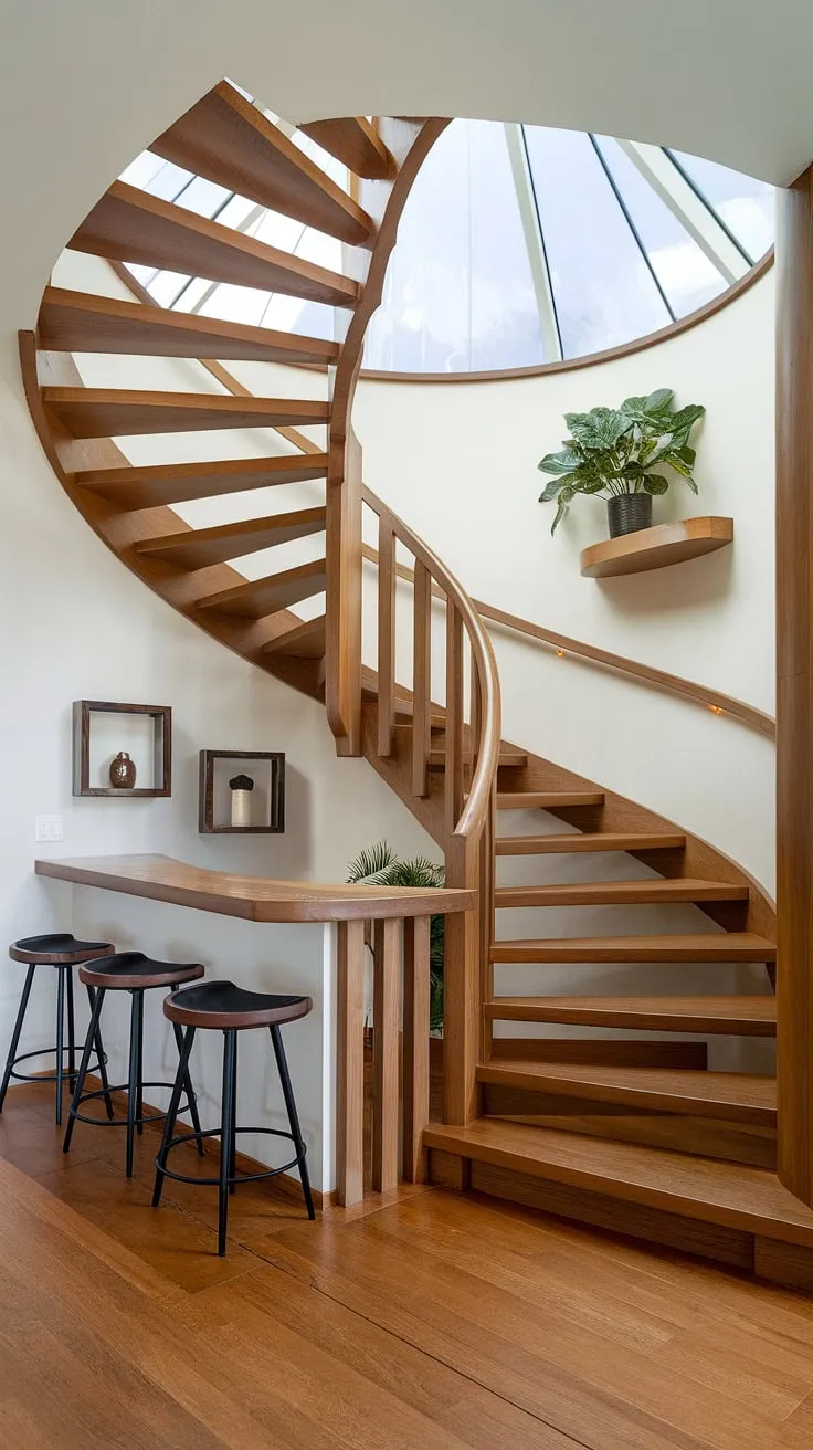 Stunning home stairwell ideas showcased in this entryway stair. Below stairs interior design includes a bar, showcasing downstairs design ideas and downstairs storage ideas, plus clever stair shelf ideas for a functional and beautiful space.