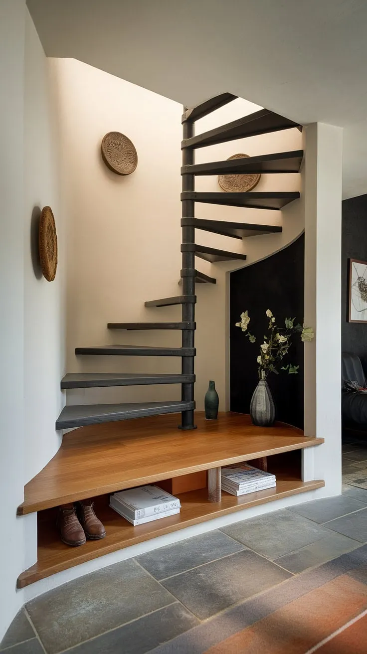 The elegant spiral entryway stair is a showstopper, featuring innovative stairs design with storage. The custom-built wooden shelf under the stairs offers clever downstairs storage ideas, maximizing space in this stylish home. This home stairwell idea is perfect for those seeking efficient under stairs storage solutions. The design cleverly addresses the challenge of downstairs design ideas, even in a small living room under stairs. The dark, mysterious space beyond the stairwell hints at a private study or cozy retreat. This below stairs interior design is a masterclass in space optimization, showcasing creative stair shelf ideas.