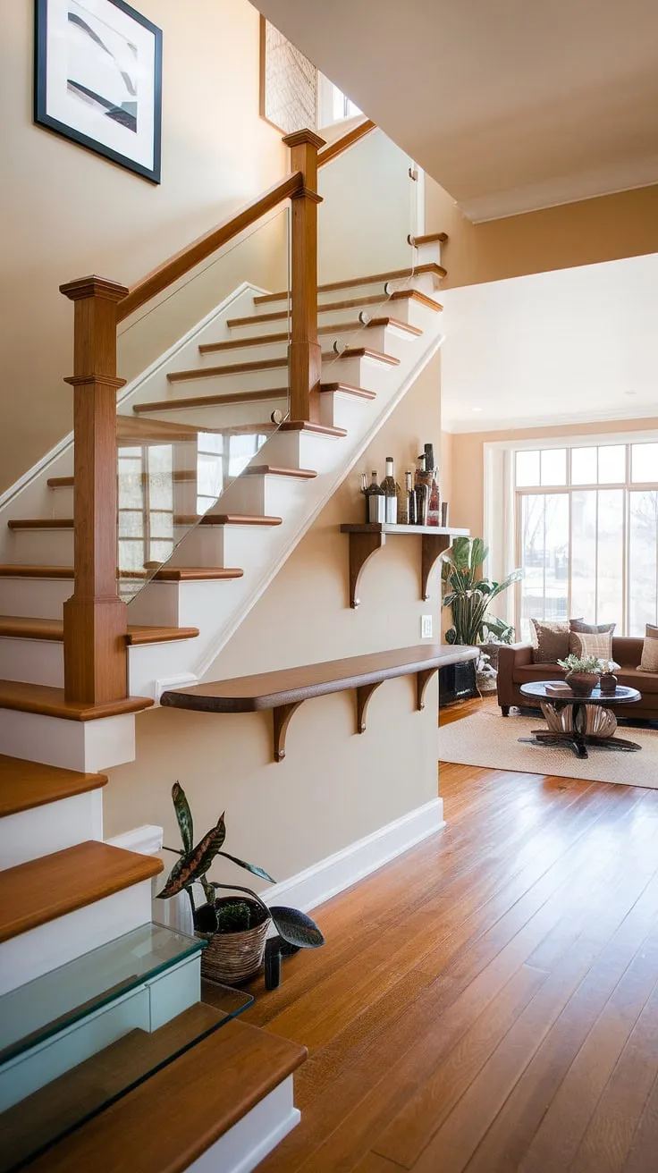 Stunning downstairs design ideas showcased in this small living room under stairs. The staircase bar under stairs and under stairs storage are brilliant examples of below stairs interior design and stair shelf ideas, transforming this entryway stair into a design masterpiece.