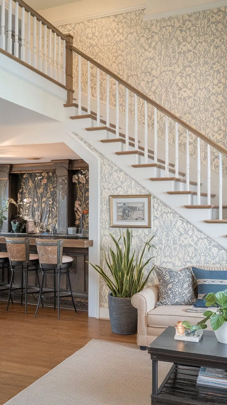 The floral wallpaper sets a welcoming tone in this home's entryway, where a grand stair acts as a focal point. This stairs design with storage cleverly incorporates a small living room under the stairs, showcasing brilliant home stairwell ideas and downstairs design ideas. The under stairs storage is ingeniously used to create a cozy seating area, offering unique downstairs storage ideas. The below stairs interior design is a masterclass in maximizing space, featuring a staircase bar under stairs and thoughtful stair shelf ideas. This is a perfect example of how to create a functional and stylish small living room under stairs.