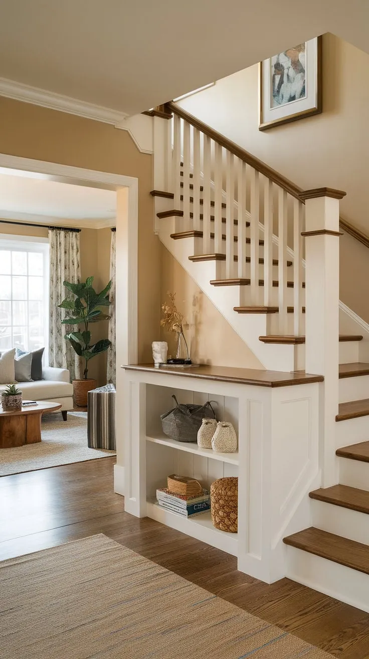 Clever stairs design with storage maximizes space in this charming entryway stair, transforming the area into a functional and stylish small living room under stairs with a built-in bar. Home stairwell ideas at their finest.