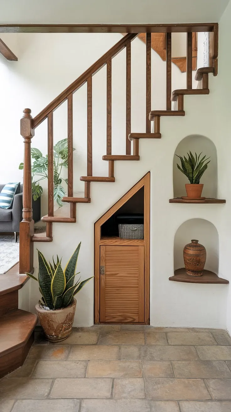 This unique entryway stair design maximizes space with clever under stairs storage, showcasing brilliant downstairs storage ideas. The wooden railing complements the tiled floor, while a small living room nestled above offers a cozy atmosphere. Note the thoughtful stair shelf ideas and the potential for a staircase bar under stairs, making this home stairwell ideas inspiration truly shine. The below stairs interior design is both functional and aesthetically pleasing.
