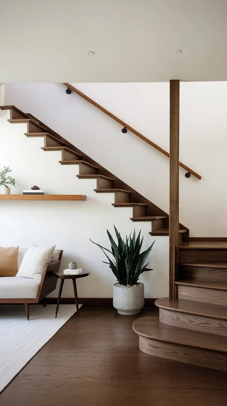 This modern entryway boasts a stunning stair design with storage, maximizing space with a cleverly designed small living room tucked beneath the stairs. The unique home stairwell ideas showcase downstairs design ideas and downstairs storage ideas, utilizing the under stairs storage effectively. A simple sofa, side table, and potted plant create a cozy atmosphere, while a wooden shelf above adds practical stair shelf ideas. The dark wood floors complement the white walls, creating a sophisticated and functional below stairs interior design. A staircase bar under stairs could even be considered for future upgrades.