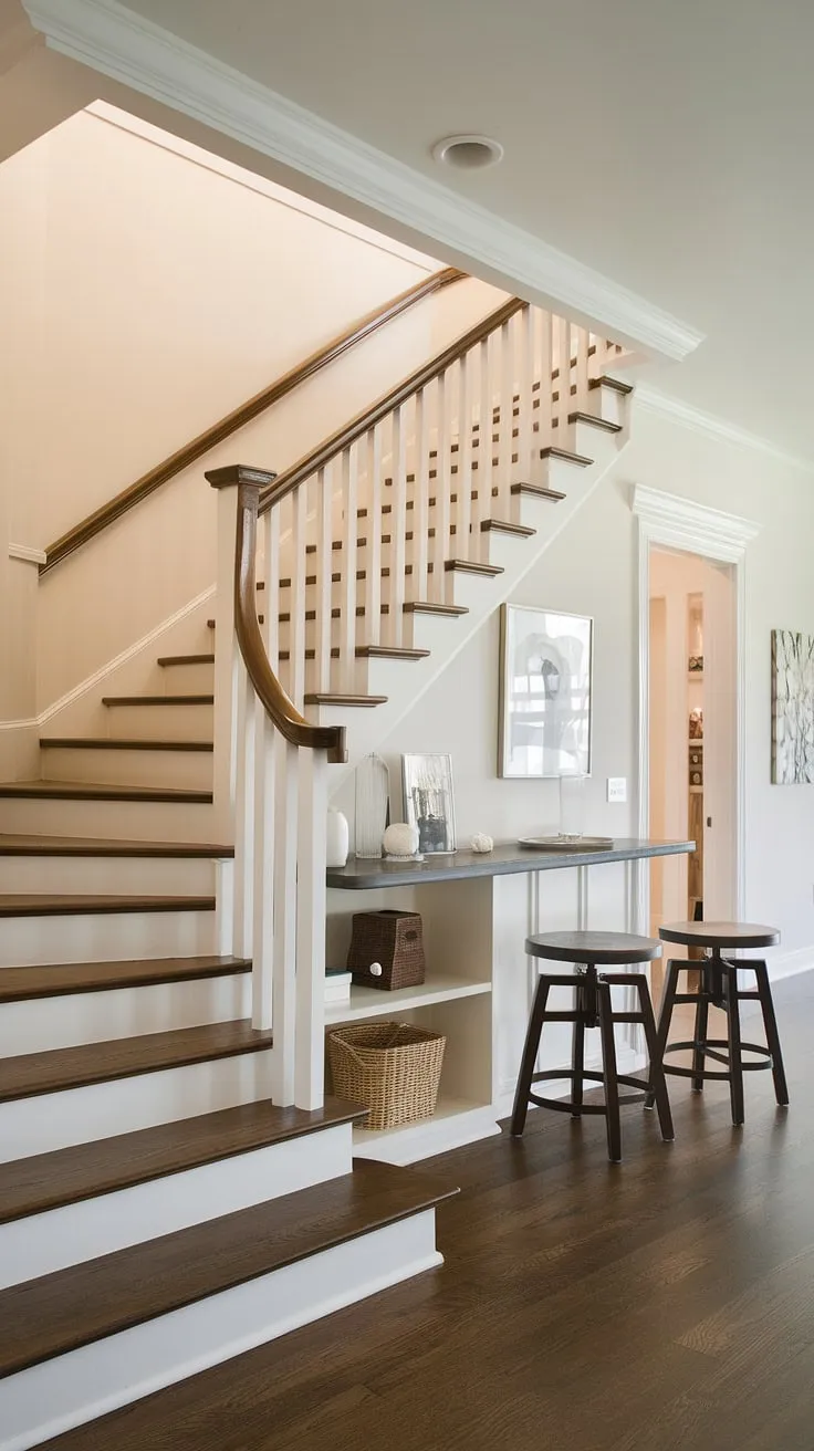 A stunning entryway stair, showcasing a modern stairs design with storage that maximizes space. Clever home stairwell ideas are on full display, with a built-in bar and stools nestled beneath the stairs, creating a unique staircase bar under stairs. The downstairs design ideas continue with a small living room under stairs, utilizing every inch with under stairs storage and stair shelf ideas. Dark wood floors contrast beautifully with the white walls, completing this efficient and stylish below stairs interior design.