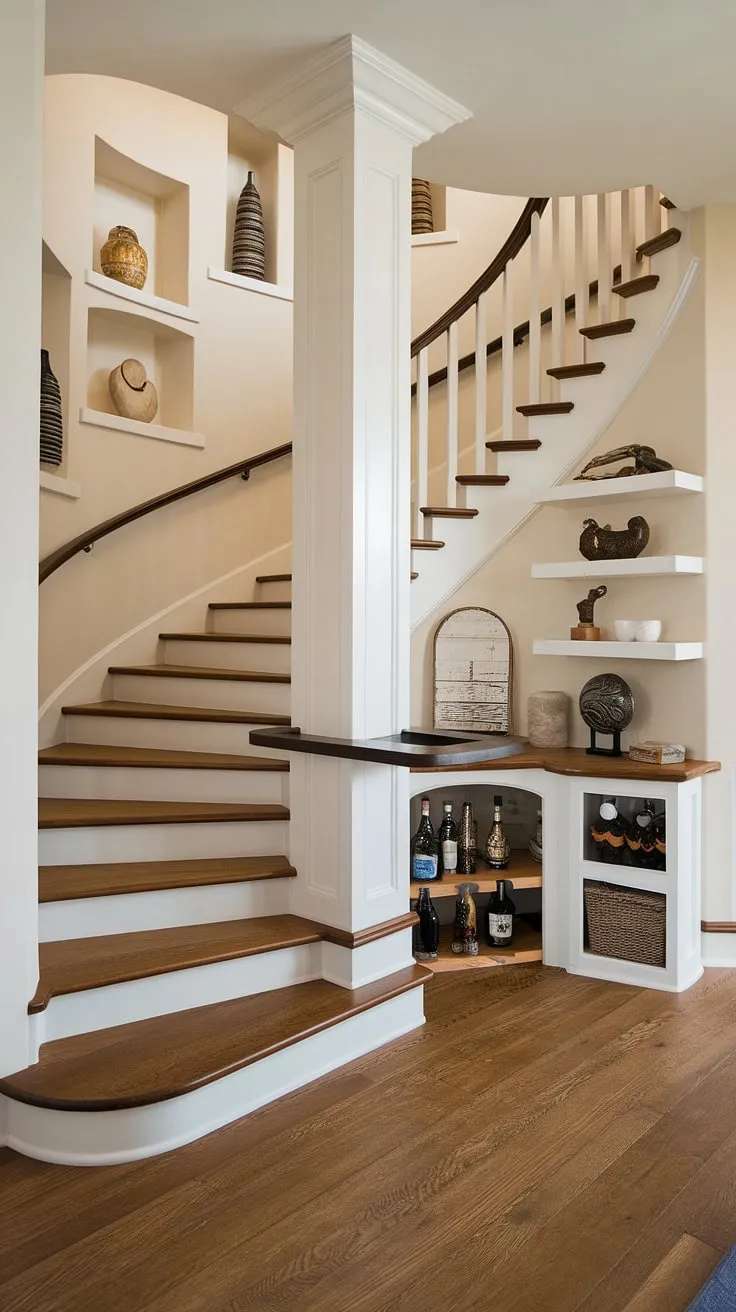 This stunning entryway stair showcases a unique curved design that maximizes space. The stairs design with storage cleverly incorporates a bar and ample under stairs storage, offering creative downstairs storage ideas and a chic below stairs interior design solution. Built-in shelves on the walls provide additional display space, while the small living room under stairs feels surprisingly spacious. This home stairwell ideas masterpiece demonstrates how to cleverly utilize every inch, incorporating stair shelf ideas for both functionality and style. The rich wood flooring completes the elegant look.