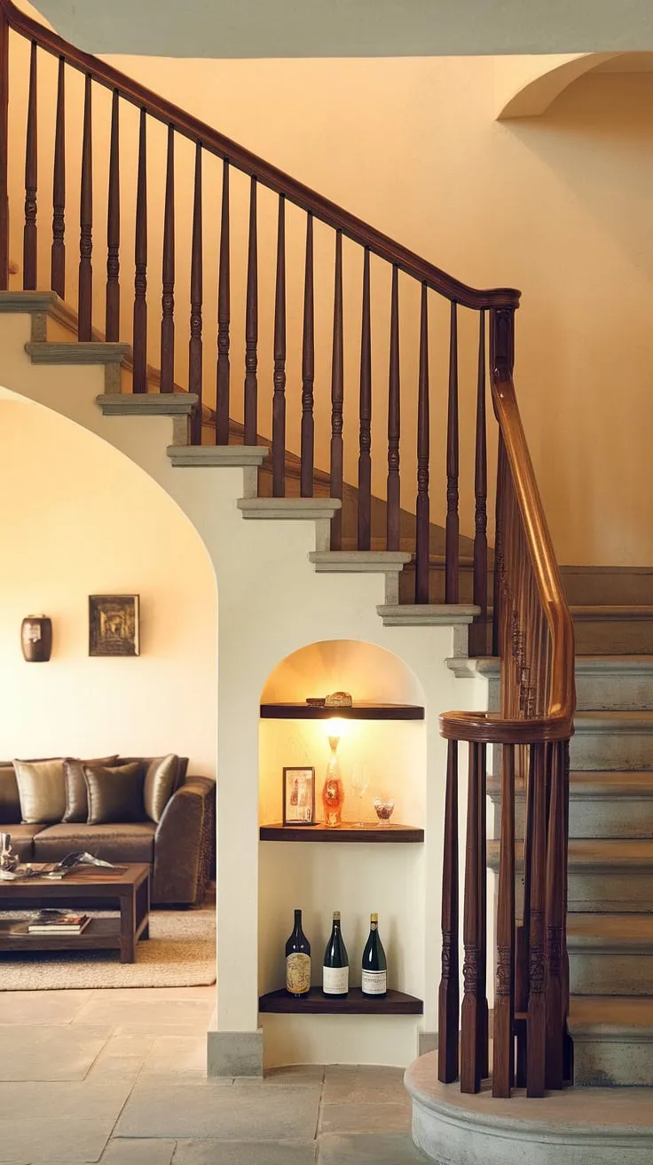 Warm lighting illuminates this inviting entryway stair, showcasing clever stairs design with storage. The stone stairs ascend gracefully, leading to the upper levels, while below, a small living room with a cozy sofa and coffee table creates a welcoming space. A thoughtfully designed staircase bar under stairs adds a touch of sophistication, and the under stairs storage maximizes space. This home stairwell ideas demonstrates how downstairs design ideas and downstairs storage ideas can seamlessly blend functionality and style. The stair shelf ideas provide additional display space, completing this below stairs interior design masterpiece.