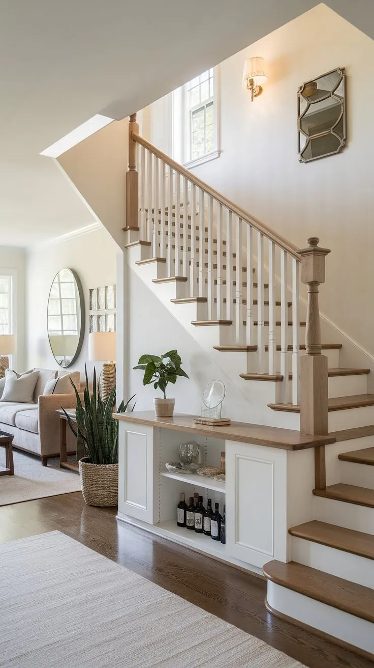 This entryway stair is a masterpiece of below stairs interior design. The stairs design with storage cleverly incorporates a small living room under stairs, a mini bar, and ample shelving – brilliant downstairs storage ideas and home stairwell ideas all in one. See how under stairs storage can elevate your stair shelf ideas.