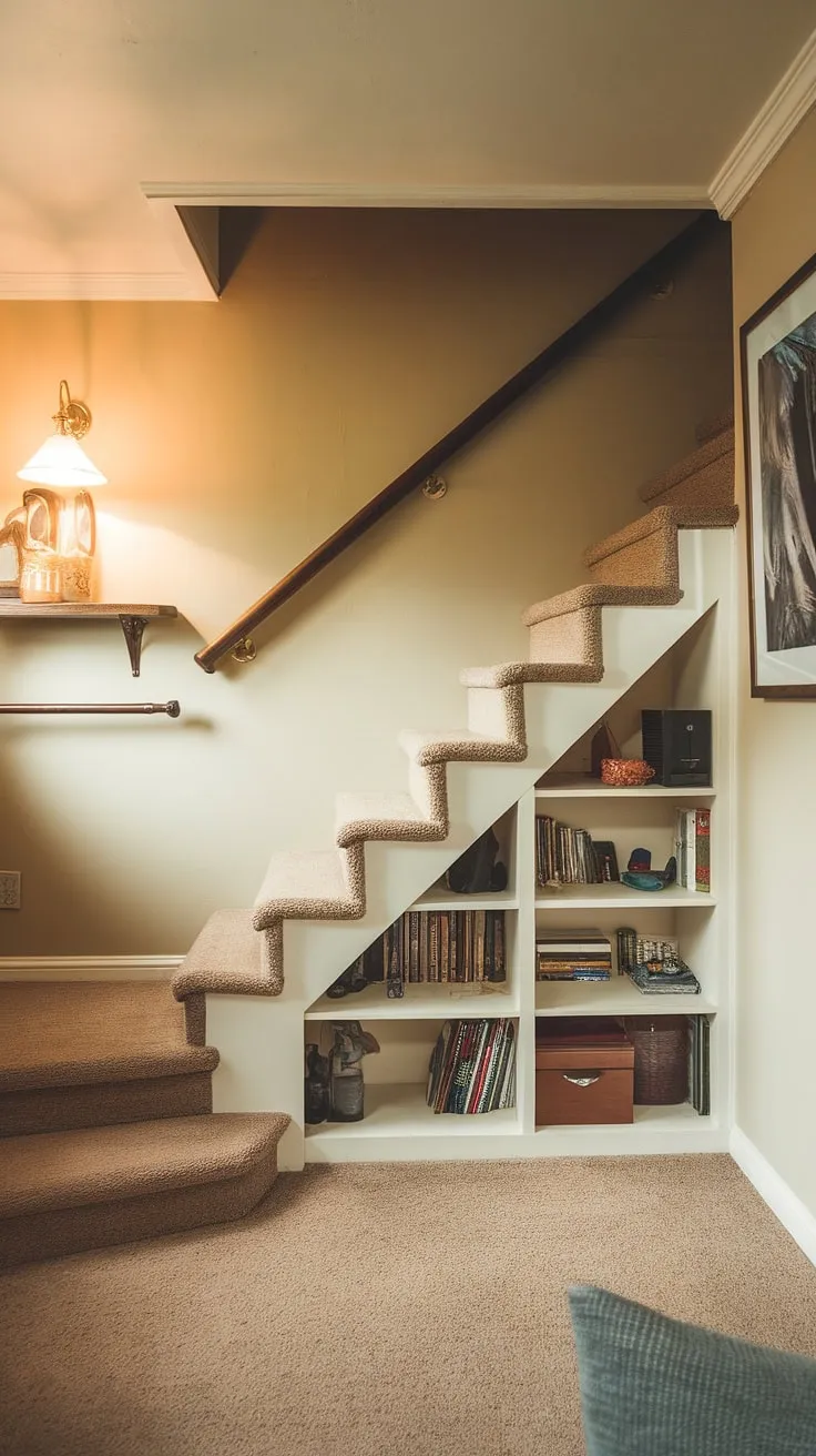 This below stairs interior design showcases ingenious under stairs storage, transforming a small living room under stairs into a stylish and functional space. The entryway stair's built-in shelves and stair shelf ideas are perfect downstairs design ideas.