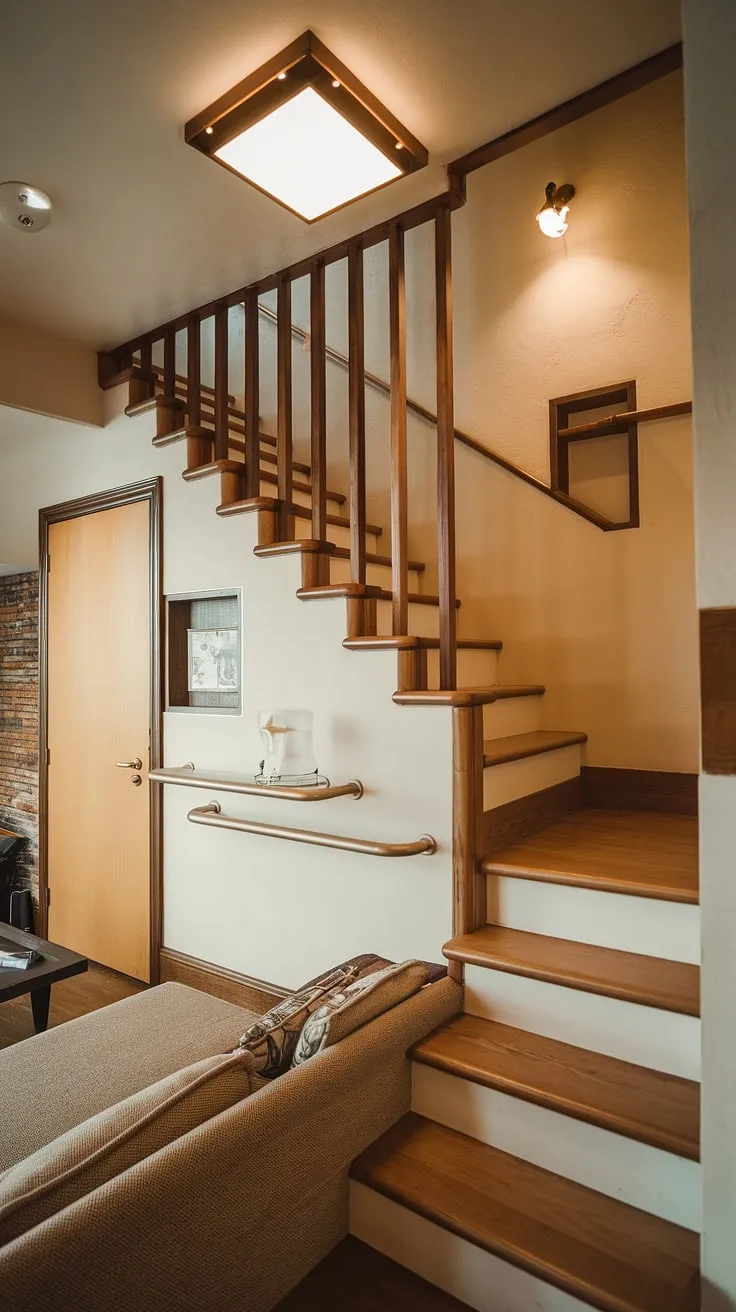 This stunning entryway stair showcases a clever stairs design with storage, maximizing space with a built-in bar and shelving. The home stairwell ideas are brilliantly executed, transforming the under stairs storage into a functional small living room. Downstairs design ideas are seamlessly integrated, offering downstairs storage ideas and a unique below stairs interior design. Note the staircase bar under stairs, a perfect example of stair shelf ideas.