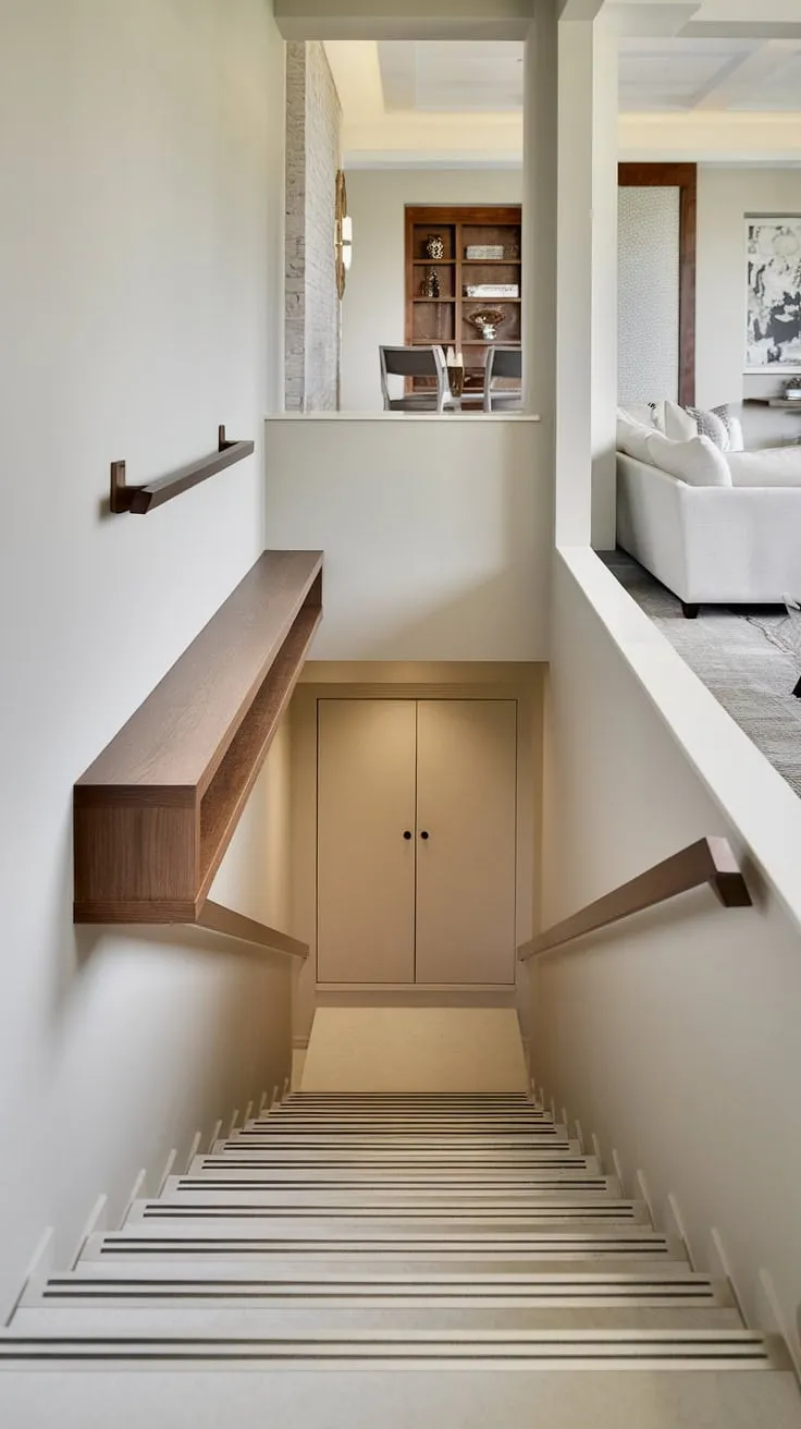 A stunning example of home stairwell ideas, this entryway stair features a minimalist white design. Downstairs storage ideas are brilliantly incorporated with under stairs storage, cleverly concealed behind a door. The downstairs design ideas continue with a small living room under stairs, furnished with a white sofa and chairs. A built-in wooden shelf and bar alongside the stairs offer additional functionality, showcasing creative stair shelf ideas and a unique staircase bar under stairs. This space perfectly demonstrates how to utilize stairs design with storage for maximum efficiency.