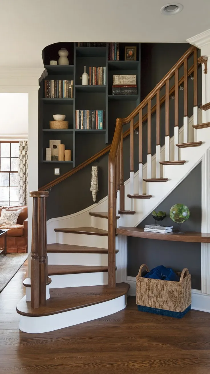 This entryway stair's innovative design features under stairs storage, a built-in bar, and a cozy small living room under stairs. Explore these home stairwell ideas and downstairs design ideas for inspiration on maximizing space and creating a unique downstairs storage ideas solution. The clever use of stair shelf ideas and below stairs interior design is truly remarkable. A perfect example of staircase bar under stairs functionality.