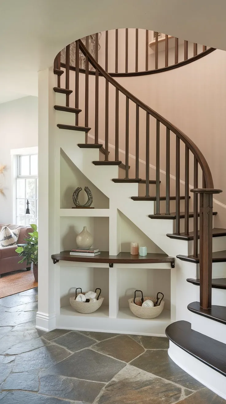Stunning home stairwell ideas showcased in this entryway stair. The stairs design with storage, including under stairs storage and a built-in bar, is a dream come true. This downstairs design ideas solution provides ample downstairs storage ideas and a chic below stairs interior design. Perfect for a small living room under stairs, this stair shelf ideas masterpiece elevates the entire space.