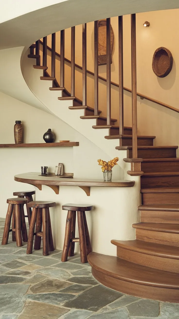 This entryway stair's curved design maximizes space, cleverly incorporating a bar and under-stairs storage—brilliant downstairs design ideas and downstairs storage ideas all in one.