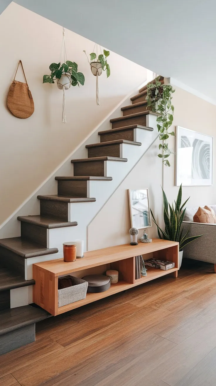 A stunning example of home stairwell ideas, this entryway stair features a built-in wooden shelf for under stairs storage, a brilliant solution for downstairs storage ideas. The staircase bar under stairs (implied by the shelf's design) is both functional and stylish, adding character to the below stairs interior design. The small living room under stairs feels surprisingly spacious, showcasing clever downstairs design ideas. The addition of hanging plants and a well-placed sofa creates a welcoming atmosphere. This space perfectly illustrates creative stair shelf ideas and the potential of stairs design with storage.