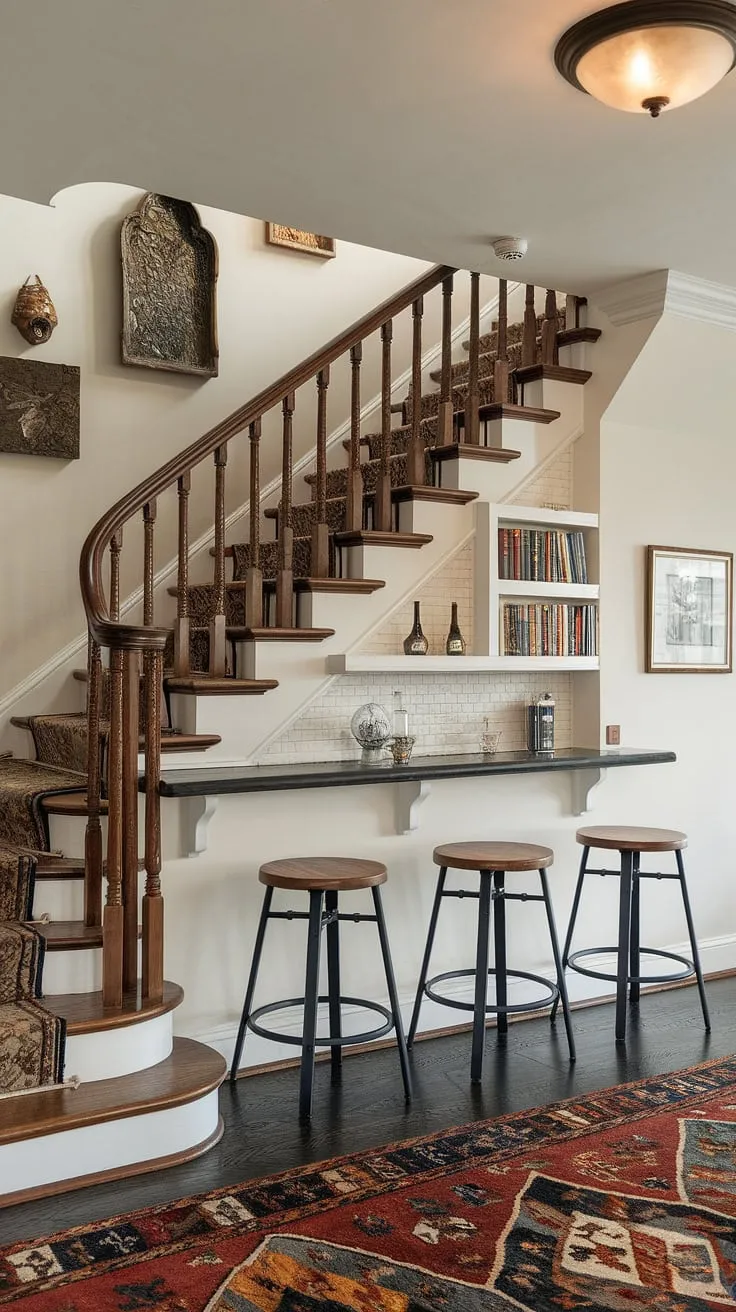 Clever use of space transforms this entryway stair into a stylish hub. The stairs design with storage, including a staircase bar under stairs and small living room under stairs, showcases ingenious downstairs design ideas and downstairs storage ideas. Under stairs storage maximizes functionality, while the stair shelf ideas add a touch of personality.