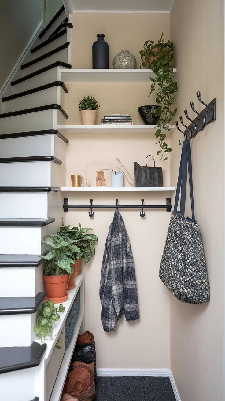 This narrow entryway stair makes the most of its space with clever stairs design with storage. The under stairs storage is cleverly utilized, featuring a built-in bar, perfect for a small living room under stairs setup, and a shelf displaying decorative items and plants, showcasing some great stair shelf ideas. The downstairs design ideas extend to coat hooks on the wall, offering practical downstairs storage ideas and maximizing this home stairwell ideas. This below stairs interior design is a masterclass in functionality and style.