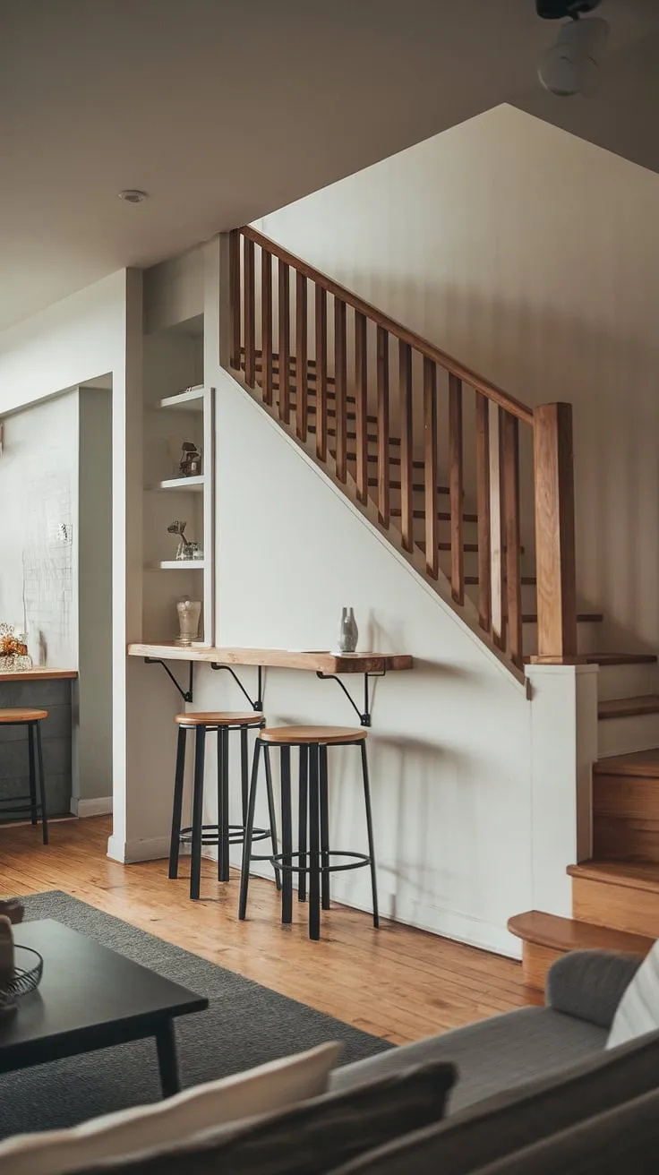 This stunning example of downstairs design ideas features a small living room under stairs, cleverly incorporating under stairs storage. The stairs design with storage includes a built-in bar, a perfect illustration of staircase bar under stairs and below stairs interior design. Note the thoughtful stair shelf ideas and the elegant entryway stair with its wooden railing. This home stairwell ideas showcase how to maximize space and style in a small area, with practical downstairs storage ideas and clever use of the area beneath the stairs. The warm wooden floors and soft lighting create a welcoming ambiance.