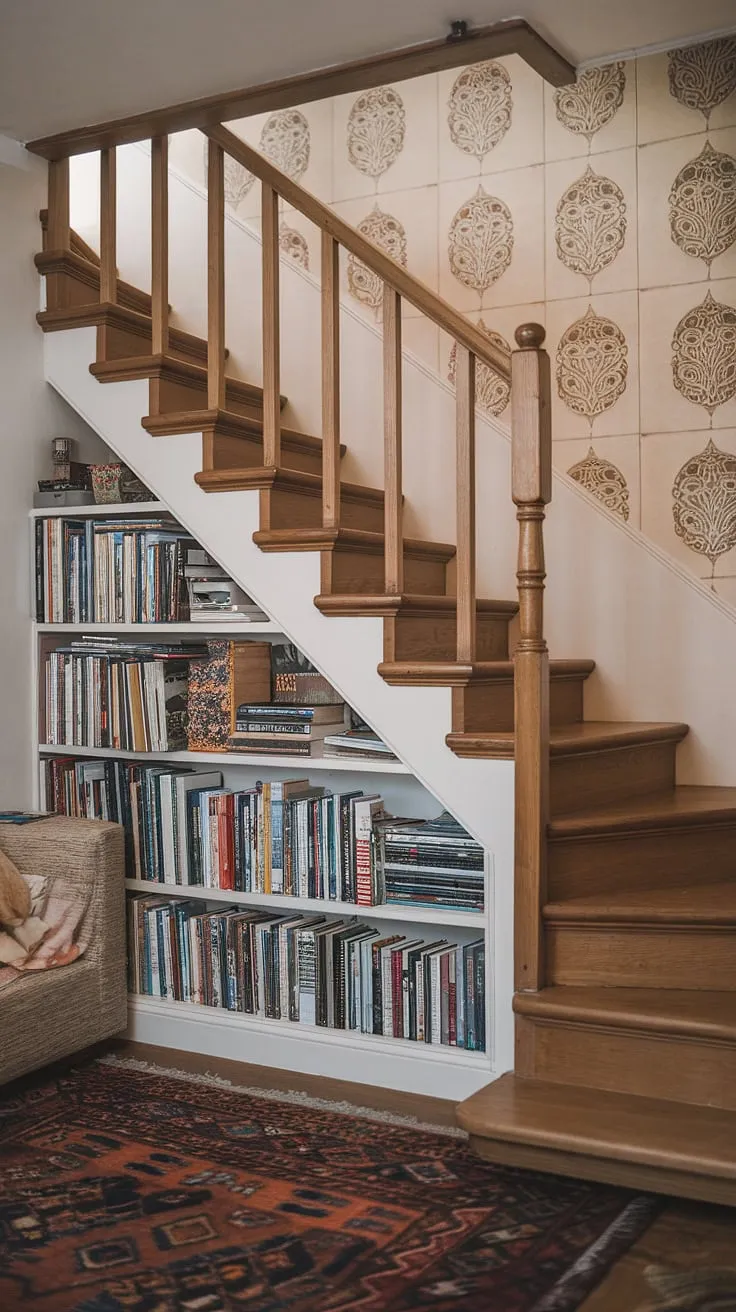 Clever stairs design with storage maximizes space in this small living room under stairs, offering a stylish entryway stair and ample downstairs storage ideas. Below stairs interior design at its finest.