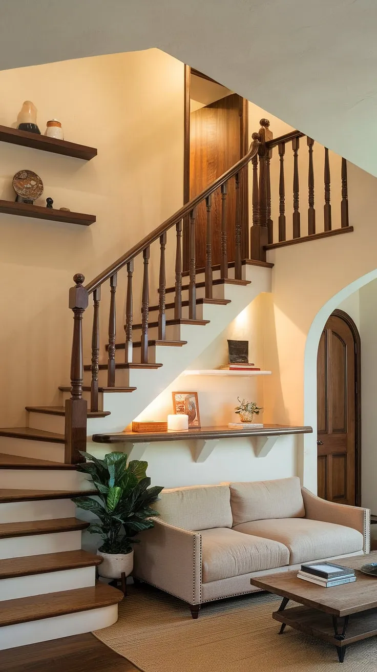 This home stairwell ideas showcases ingenious downstairs design ideas, utilizing under stairs storage for a functional small living room and a surprising staircase bar under stairs. Explore stair shelf ideas and downstairs storage ideas for your own space.